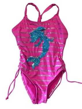 Girls Pink Sequin Mermaid One-Piece Swimsuit with Side Ties Size 4